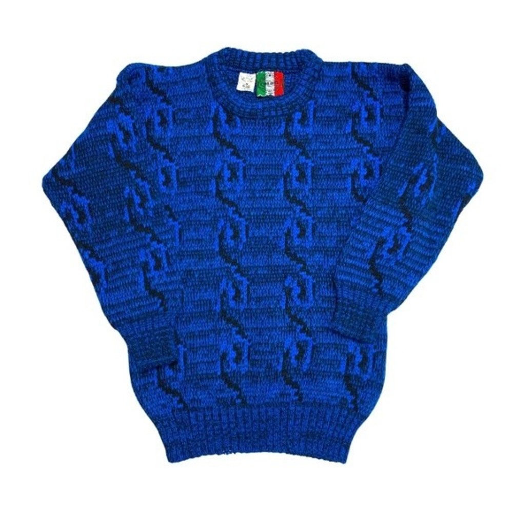 Vintage Italy Classic 80s Kids Sweater Electric Blue Black Marbled Knit Cozy